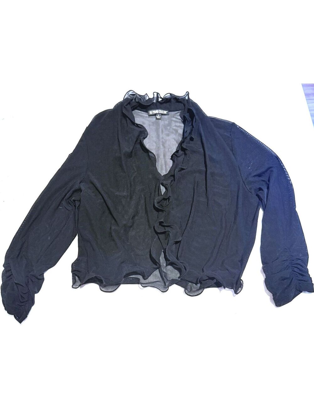 The Pyramid Collection Open Front Sheer Black Ruffle Cardigan Size Small